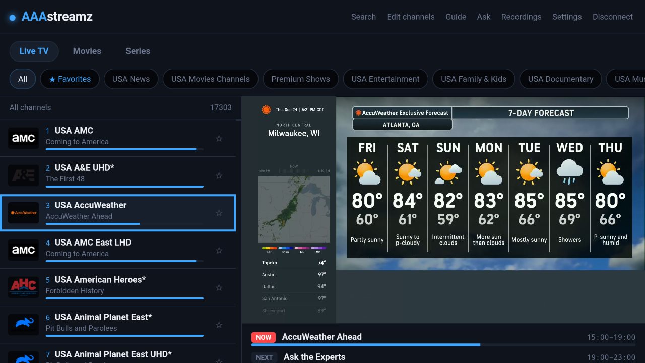 AAAstreamz Live TV screen: channel list on the left, the channel playing in a window on the right, with what's on now and next